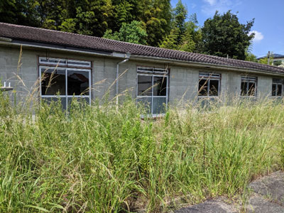 早く建替えして 宮下住宅吹上町側の空家。草ぼうぼうになっています。9月から、草刈りが約束されました。