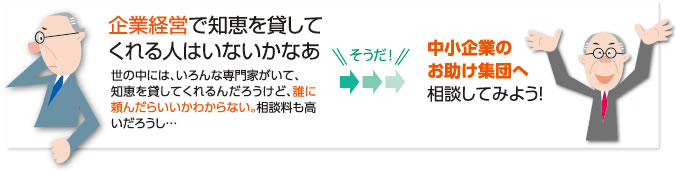 企業経営で知恵を貸してくれる人はいないかなあ 世の中には、いろんな専門家がいて、知恵を貸してくれるんだろうけど、誰に頼んだらいいかわからない。相談料も高いだろうし… そうだ！ 中小企業のお助け集団へ相談してみよう！